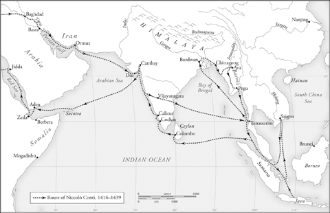 Map of the travels of Niccolo Conti in the 15th century from 1492: The Year the World Began
